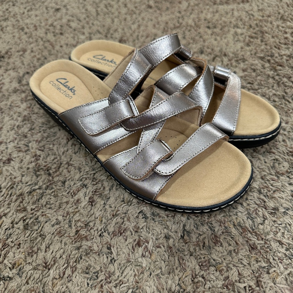 Clarks Collection Leisa Janna Metallic Pewter Leather Slide Sandals Womens 9 M - Picture 3 of 7